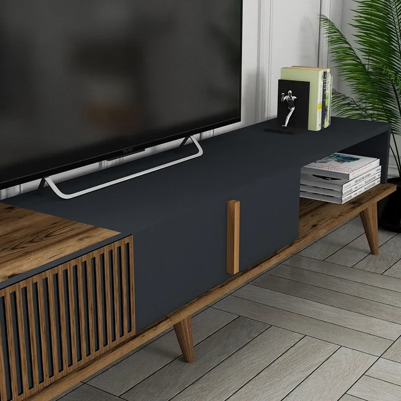 Comoda TV moderna, lemn nuc si antracit, design minimalist, 180 cm [3]