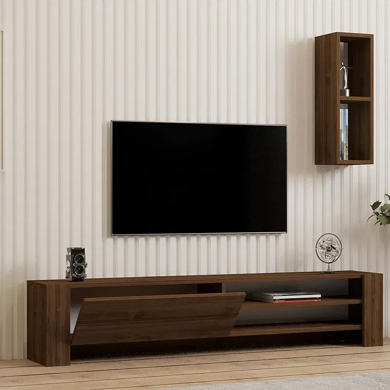 Comoda TV Naz, design modern, finisaj nuc, cu raft suspendat si spatiu de depozitare, 160 cm [1]