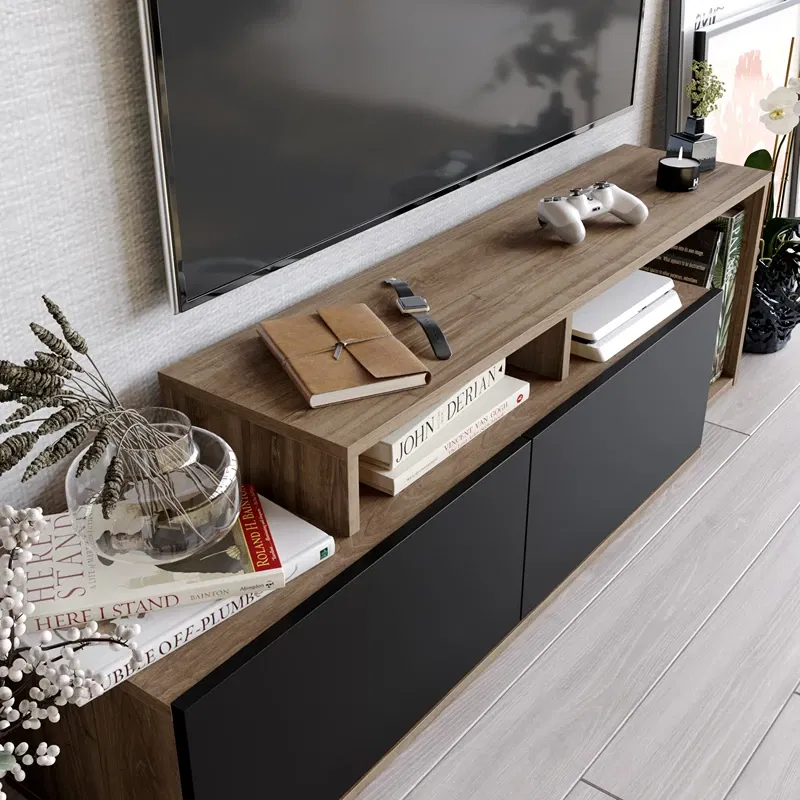 Comoda TV, negru-nuc, 150 cm, design modern cu spatii de depozitare [3]