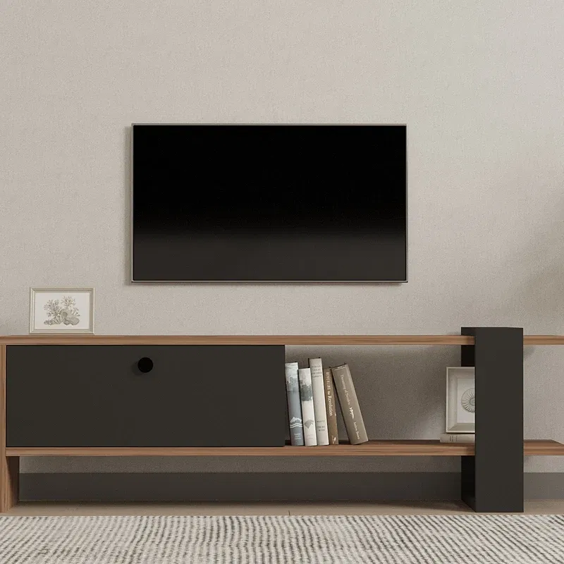 Comoda TV Ova, stejar si antracit, design modern, rafturi multiple, 120 cm [2]