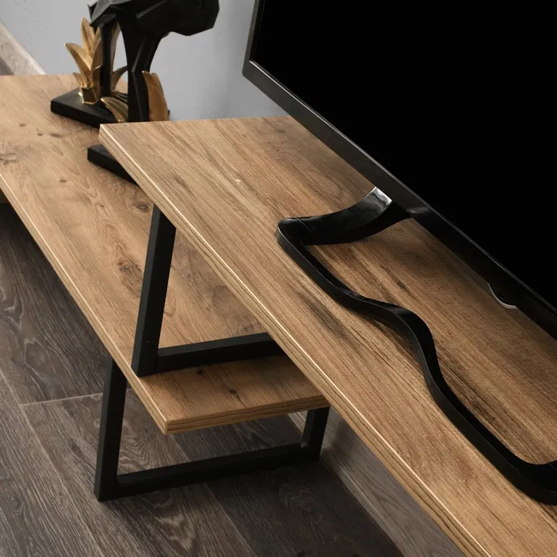 Comoda TV Ovit pin, neagra, cu structura stabila si rafturi deschise [7]