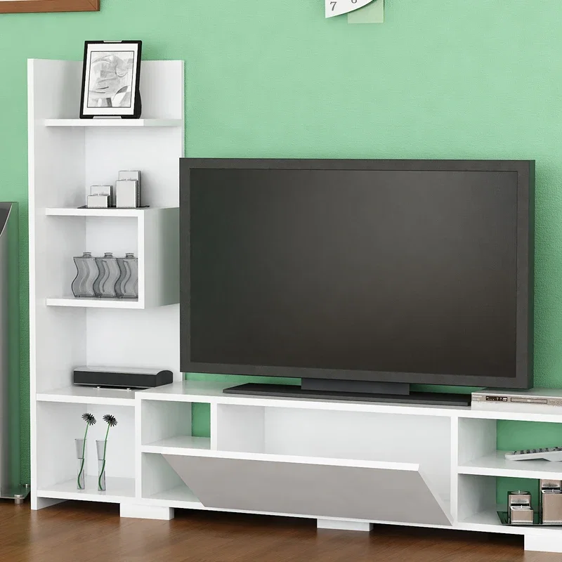 Comoda TV Pera, alba, 160 cm, cu rafturi si spatii de depozitare [3]