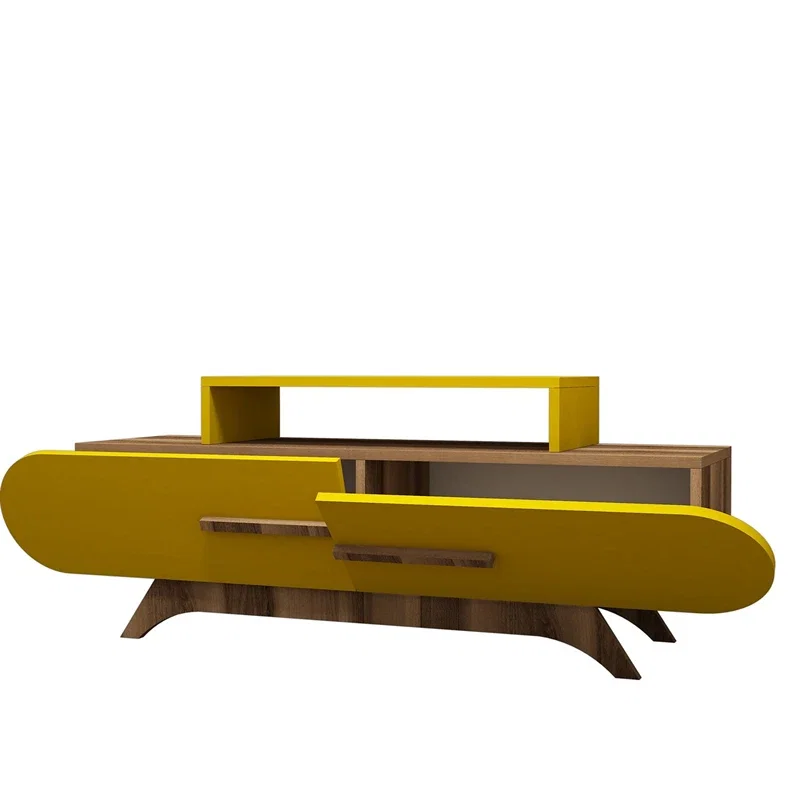 Comoda TV Rose, design curbat, finisaj nuc si galben, spatiu de depozitare, 145 cm [3]