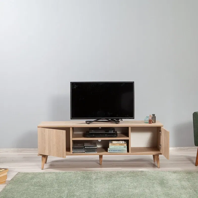 Comoda TV Truva, stejar Sonoma, moderna, cu rafturi si picioare din lemn, 140 cm [5]