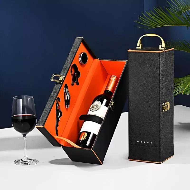 Cutie de vin Deluxe pentru 1 sticla cu accesorii de vin incluse interior oranj [6]