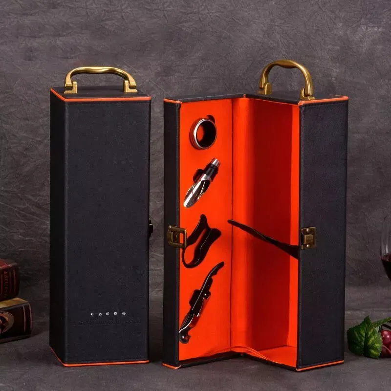Cutie de vin Deluxe pentru 1 sticla cu accesorii de vin incluse interior oranj [4]