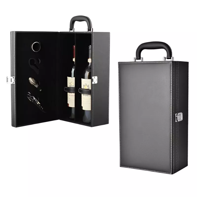 Cutie de vin Deluxe pentru 2 sticle cu accesorii de vin incluse din piele ecologica neagra fina [12]