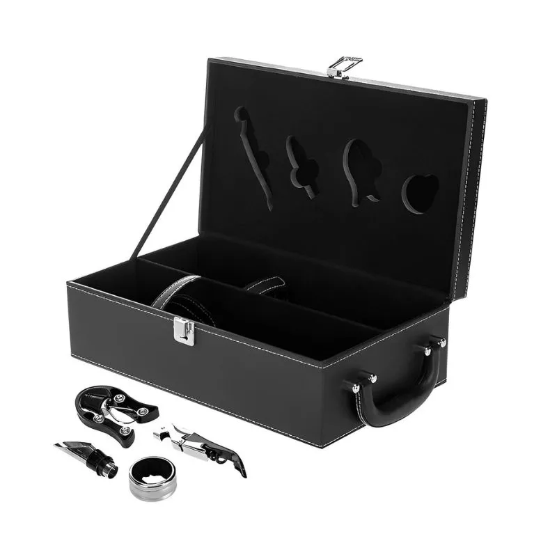 Cutie de vin Deluxe pentru 2 sticle cu accesorii de vin incluse din piele ecologica neagra fina [13]