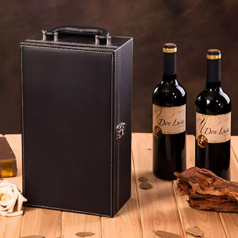 Cutie de vin Deluxe pentru 2 sticle cu accesorii de vin incluse din piele ecologica neagra fina [2]