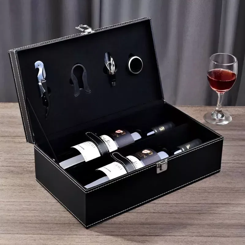 Cutie de vin Deluxe pentru 2 sticle cu accesorii de vin incluse din piele ecologica neagra fina [6]
