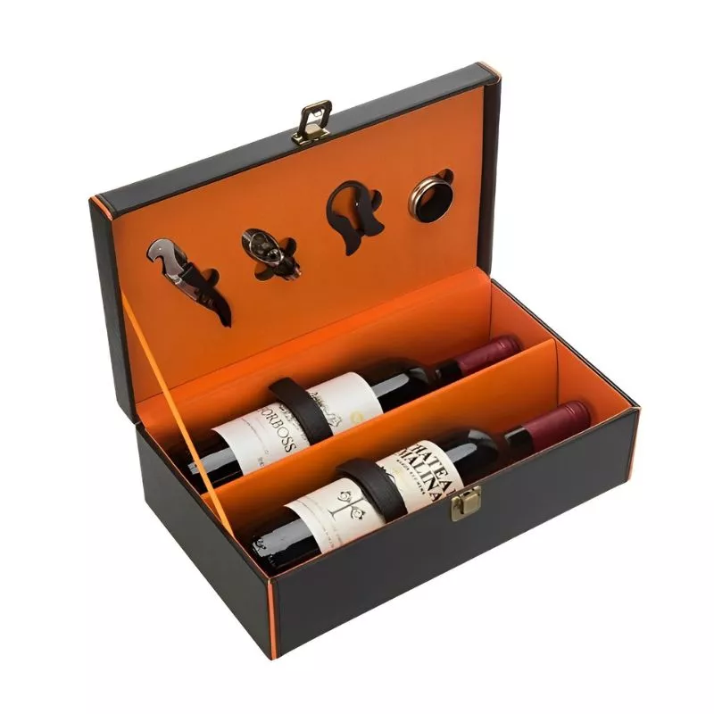 Cutie de vin Deluxe pentru 2 sticle cu accesorii de vin incluse interior oranj [16]