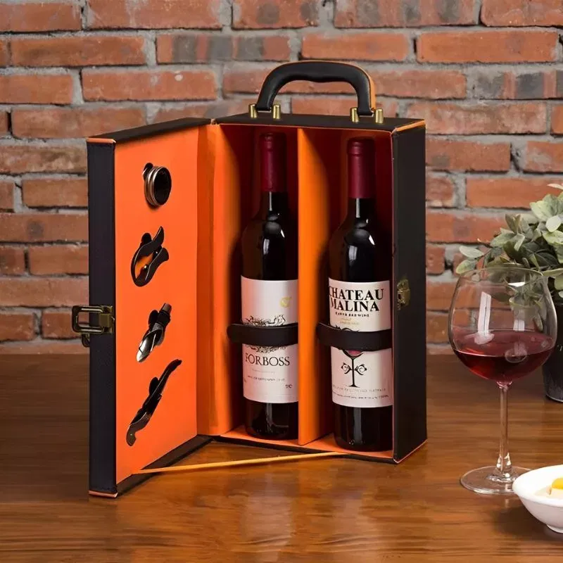 Cutie de vin Deluxe pentru 2 sticle cu accesorii de vin incluse interior oranj [3]