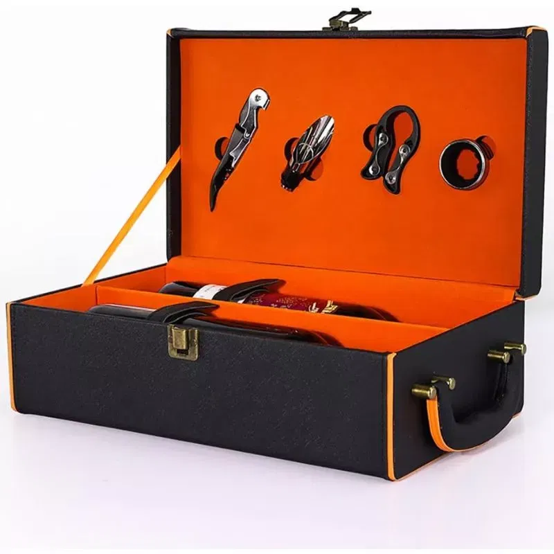 Cutie de vin Deluxe pentru 2 sticle cu accesorii de vin incluse interior oranj [8]