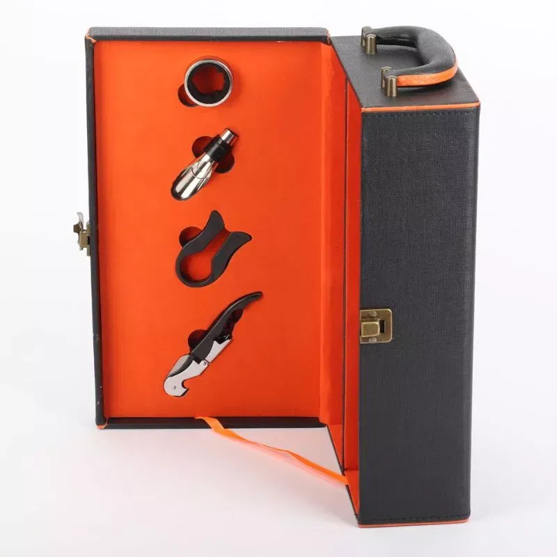 Cutie de vin Deluxe pentru 2 sticle cu accesorii de vin incluse interior oranj [9]