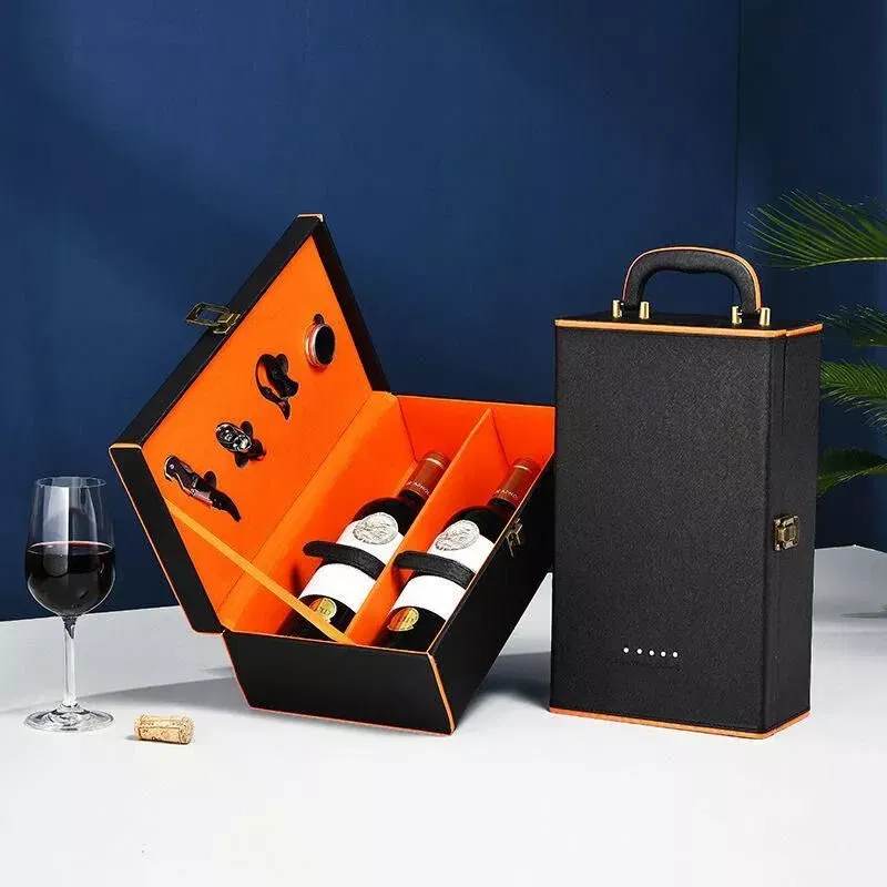Cutie de vin Deluxe pentru 2 sticle cu accesorii de vin incluse interior oranj [4]
