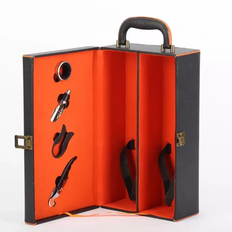 Cutie de vin Deluxe pentru 2 sticle cu accesorii de vin incluse interior oranj [7]