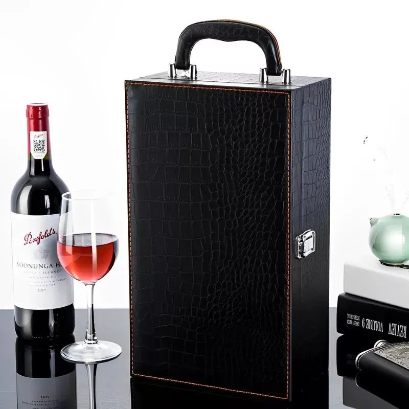 Cutie de vin Deluxe pentru 2 sticle cu accesorii de vin incluse piele ecologica de sarpe [7]