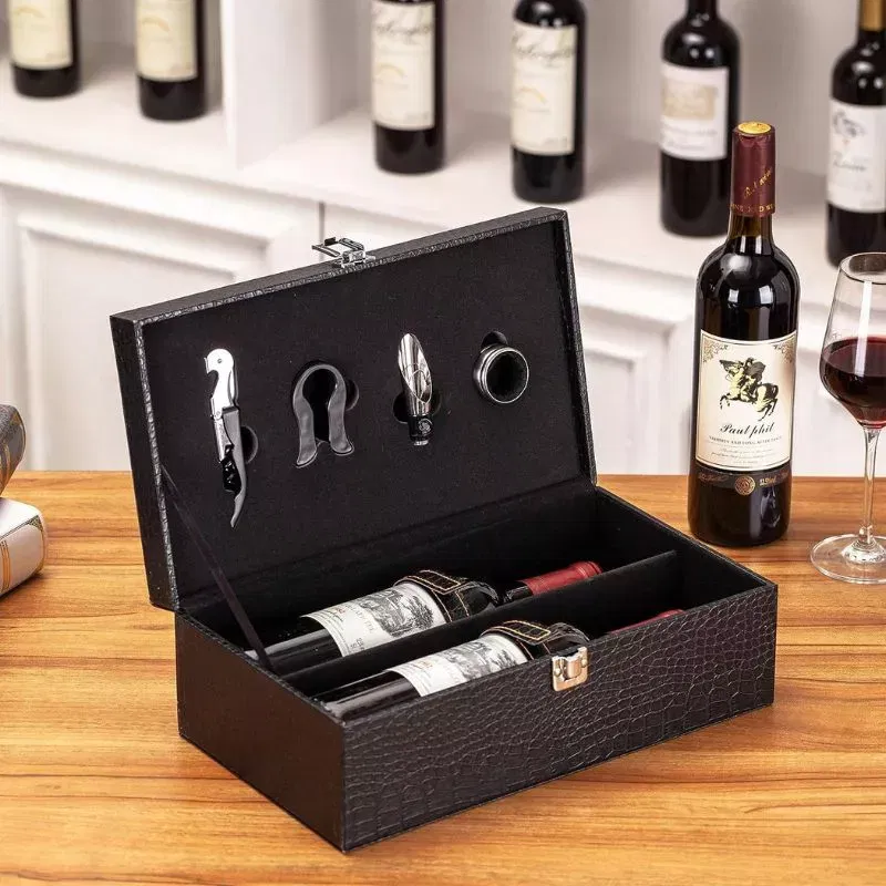 Cutie de vin Deluxe pentru 2 sticle cu accesorii de vin incluse piele ecologica de sarpe [12]