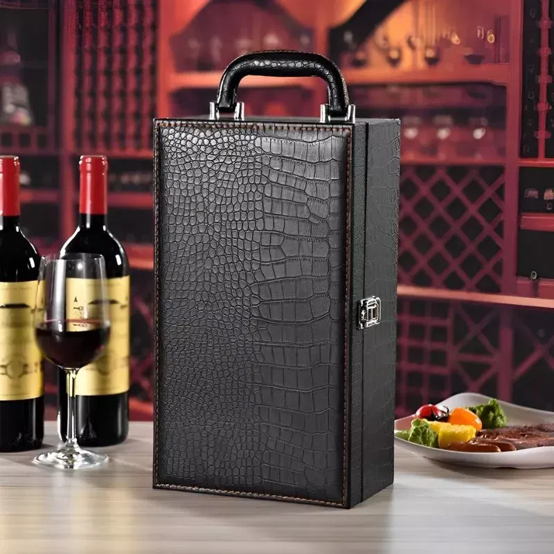 Cutie de vin Deluxe pentru 2 sticle cu accesorii de vin incluse piele ecologica de sarpe [3]