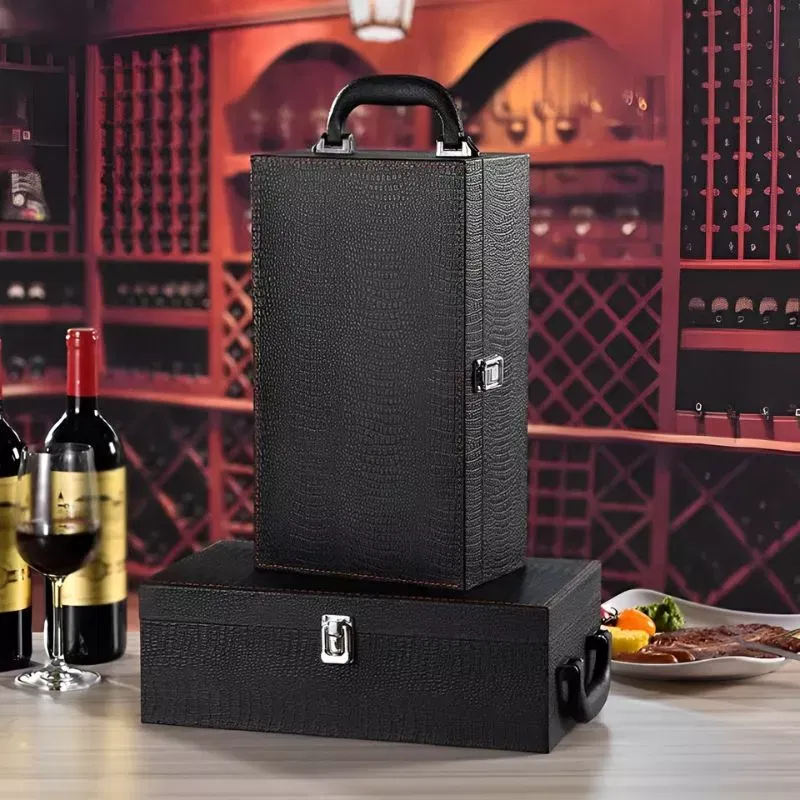 Cutie de vin Deluxe pentru 2 sticle cu accesorii de vin incluse piele ecologica de sarpe [4]