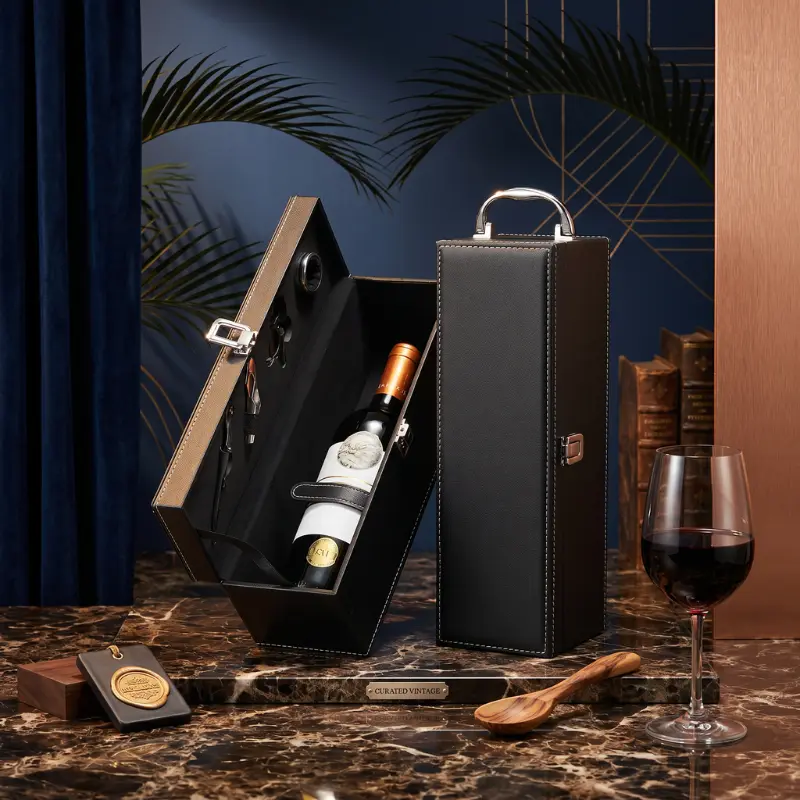 Cutie de vin Vinic pentru 1 sticla cu accesorii de vin incluse piele ecologica neagra eleganta [2]