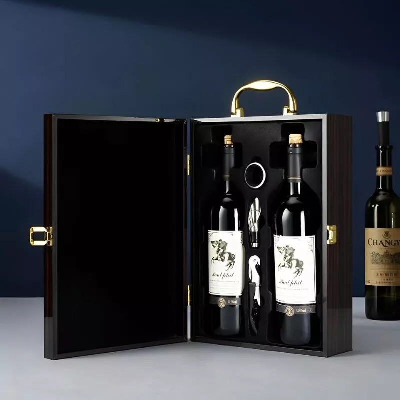 Cutie de vin Wood Deluxe pentru 2 sticle cu accesorii de vin incluse Prestige [2]