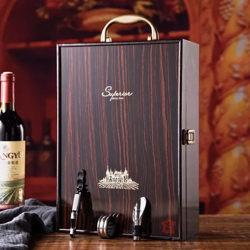 Cutie de vin Wood Deluxe pentru 2 sticle cu accesorii de vin incluse Prestige [6]