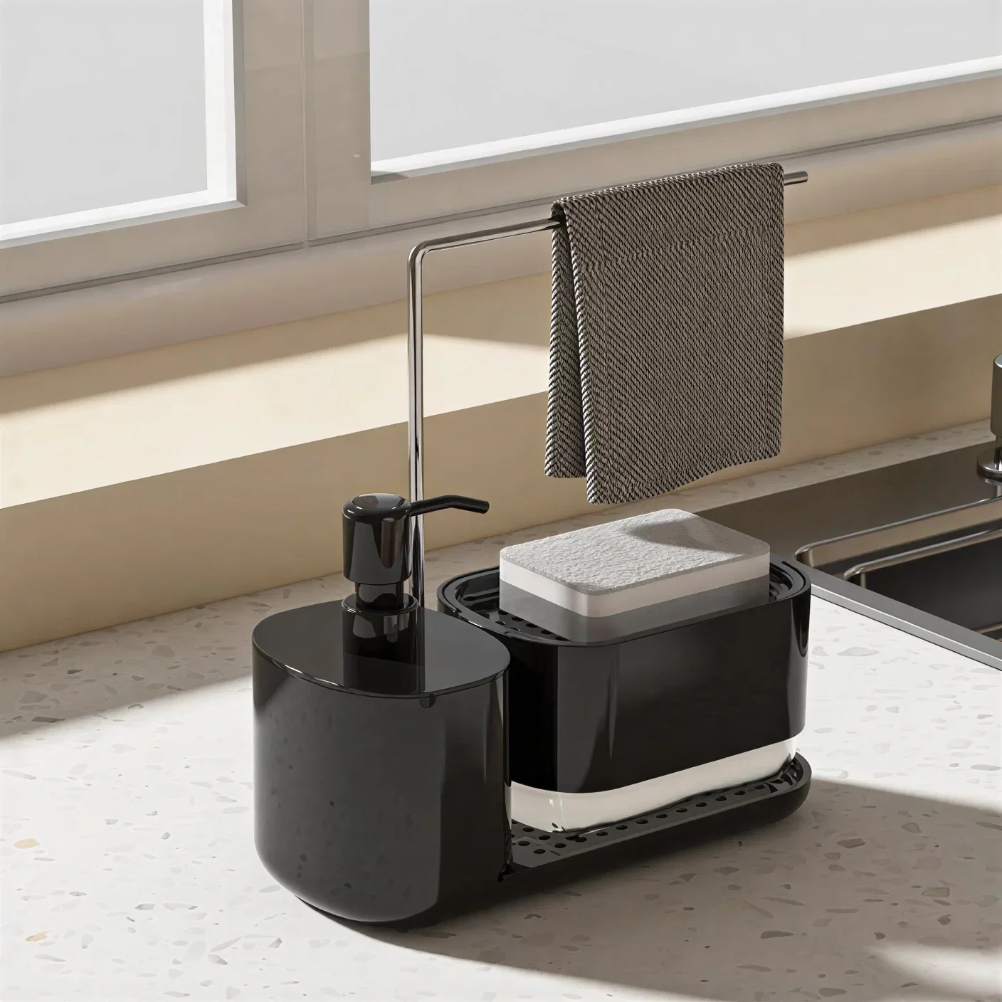 Dispenser detergent lichid pentru vase, 5 in 1, cu suport burete si laveta, organizator chiuveta [3]