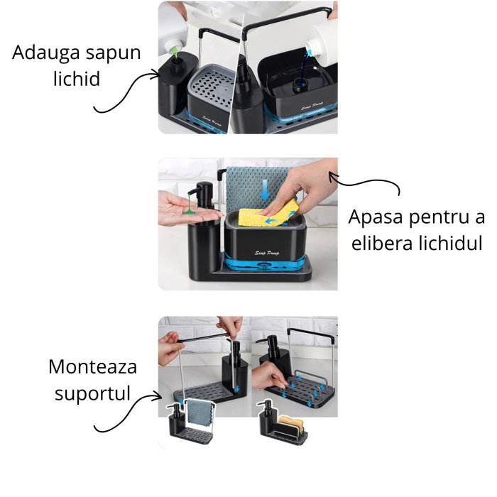 Dispenser detergent lichid pentru vase, 5 in 1, cu suport burete si laveta, organizator chiuveta [10]