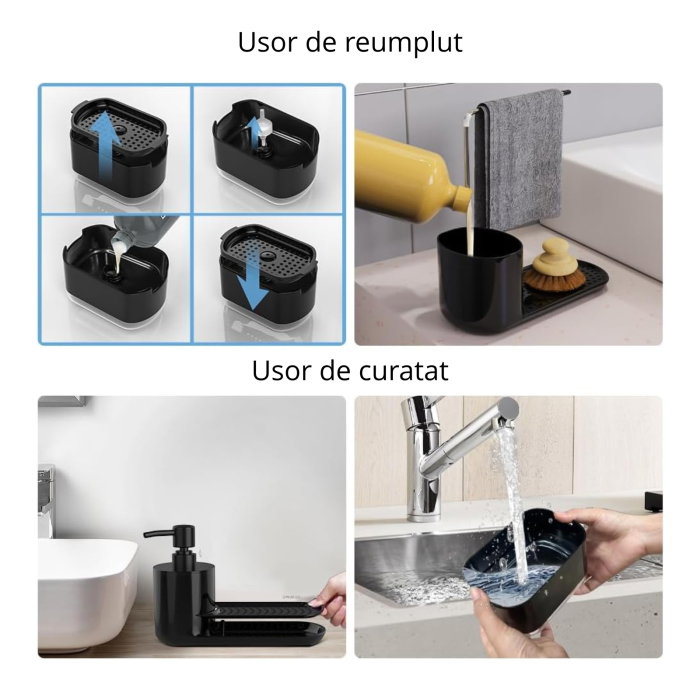 Dispenser detergent lichid pentru vase, 5 in 1, cu suport burete si laveta, organizator chiuveta [9]