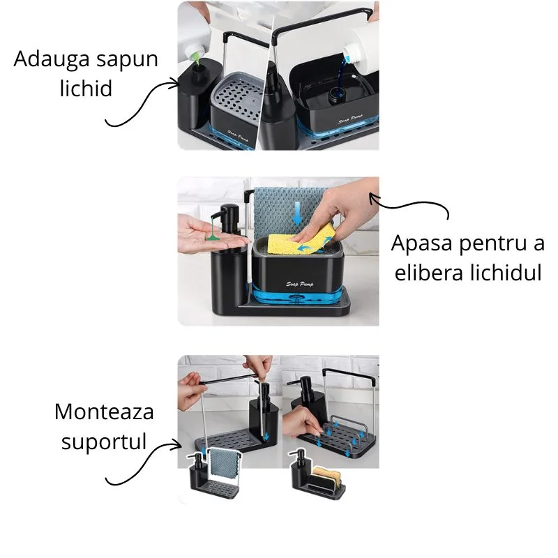 Dispenser detergent lichid pentru vase, 5 in 1, cu suport burete si laveta, organizator chiuveta [10]