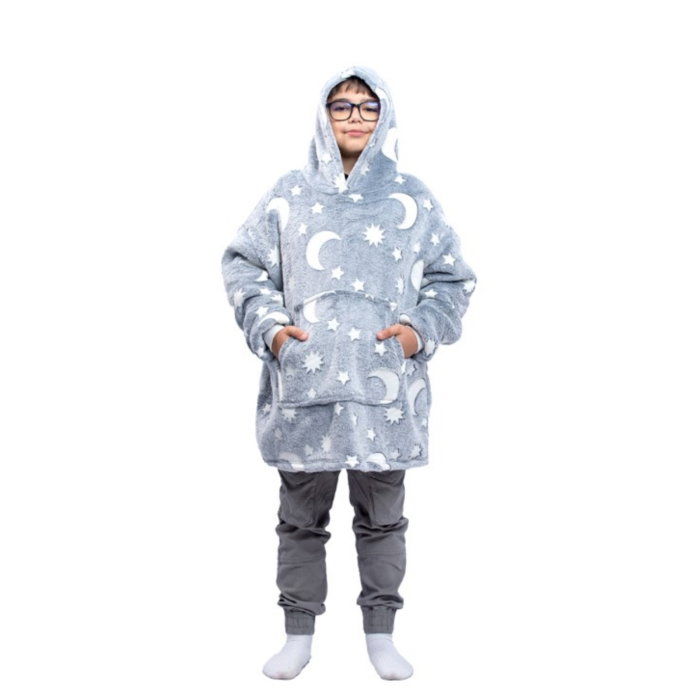 Hanorac patura cu maneci baieti Grey Luna Fosforescenta cu buzunar cangur Flanel & Polar 440g/mp 105 cm [15]