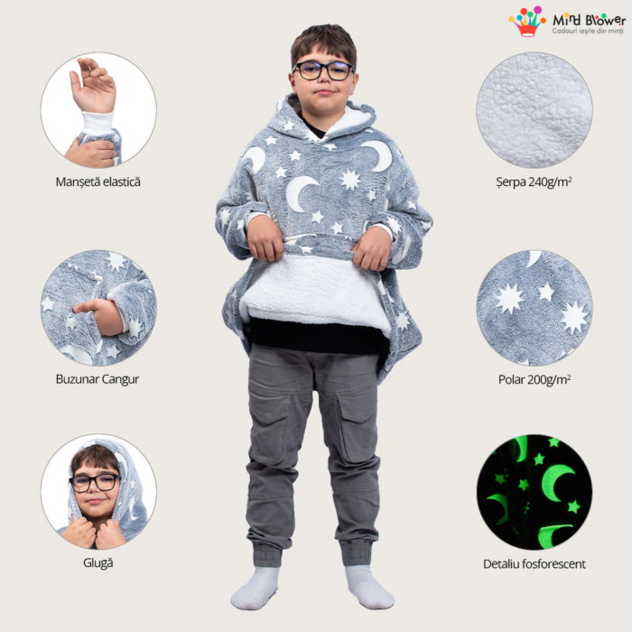 Hanorac patura cu maneci baieti Grey Luna Fosforescenta cu buzunar cangur Flanel & Polar 440g/mp 105 cm [3]