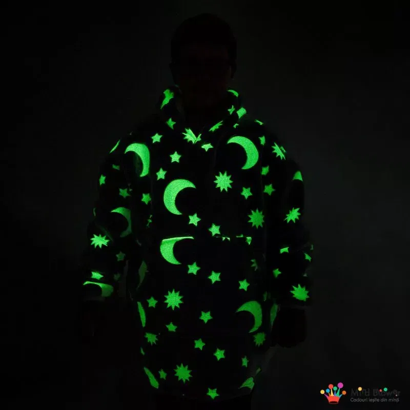 Hanorac patura cu maneci baieti Grey Luna Fosforescenta cu buzunar cangur Flanel & Polar 440g/mp 105 cm [2]