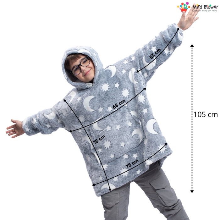 Hanorac patura cu maneci baieti Grey Luna Fosforescenta cu buzunar cangur Flanel & Polar 440g/mp 105 cm [4]