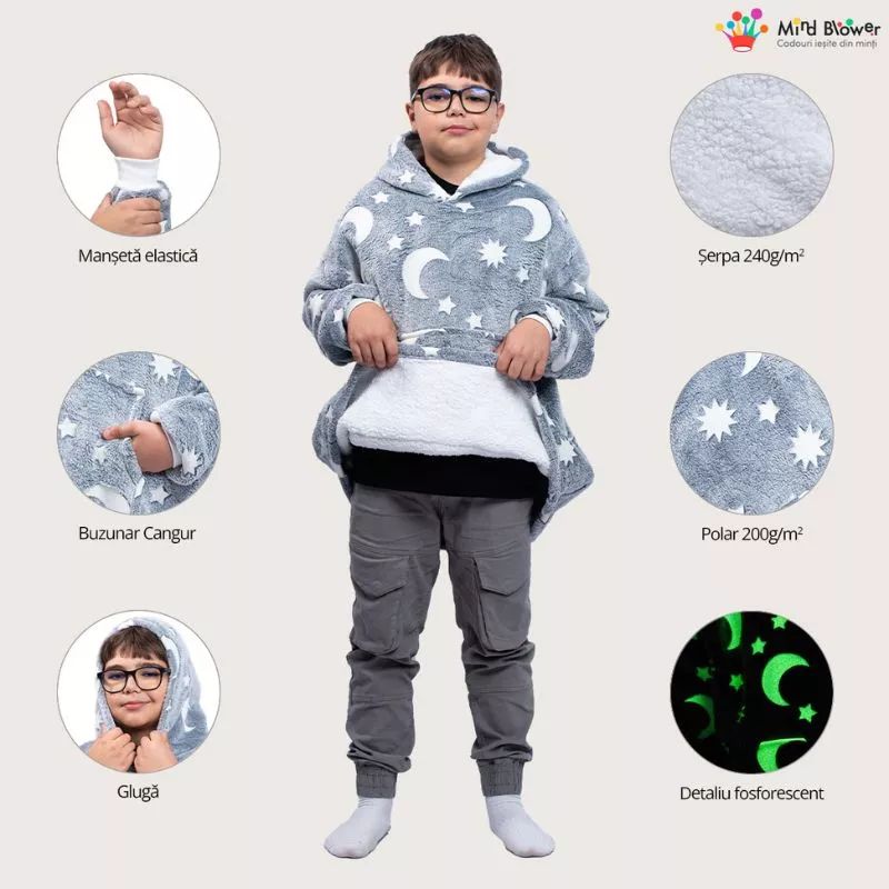 Hanorac patura cu maneci baieti Grey Luna Fosforescenta cu buzunar cangur Flanel & Polar 440g/mp 105 cm [3]
