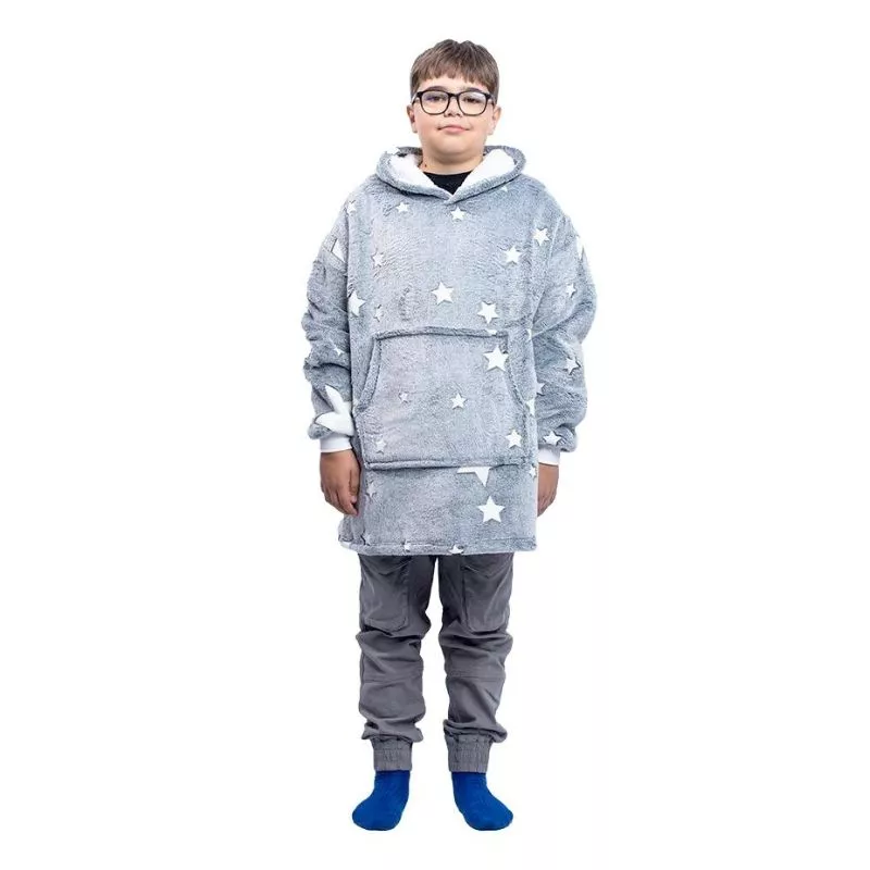 Hanorac patura cu maneci baieti Grey Stelute Fosforescente cu buzunar cangur 440g/mp 105 cm [21]