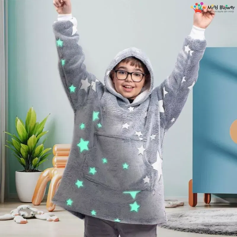 Hanorac patura cu maneci baieti Grey Stelute Fosforescente cu buzunar cangur 440g/mp 105 cm [1]