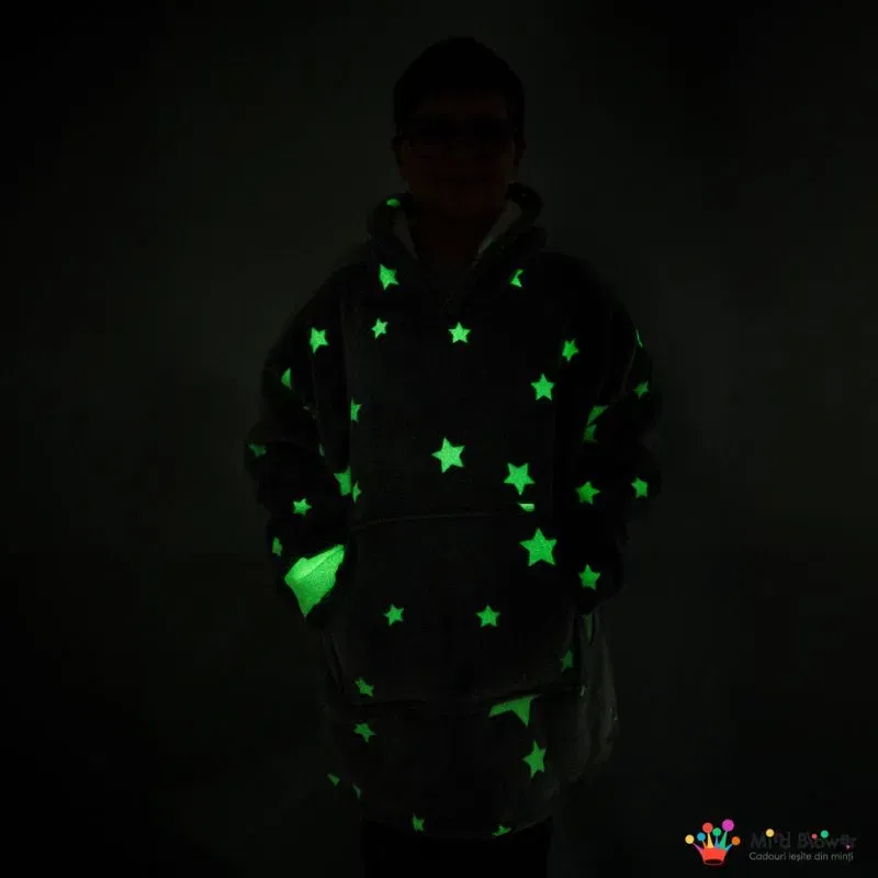 Hanorac patura cu maneci baieti Grey Stelute Fosforescente cu buzunar cangur 440g/mp 105 cm [2]