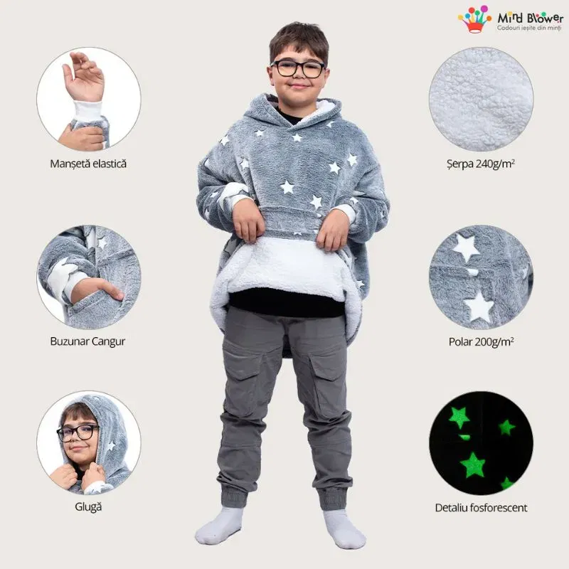 Hanorac patura cu maneci baieti Grey Stelute Fosforescente cu buzunar cangur 440g/mp 105 cm [3]