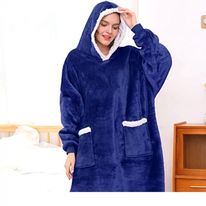 Hanorac Patura cu maneci, buzunare si gluga, Super Pufoasa, Captusita, 390g/mp, Albastra [5]