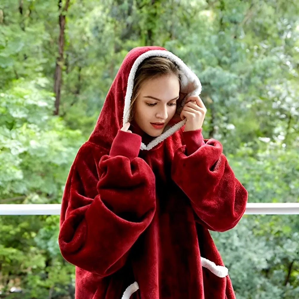 Hanorac Patura cu maneci, buzunare si gluga, Super Pufoasa, Captusita, 390g/mp, Rosie [4]