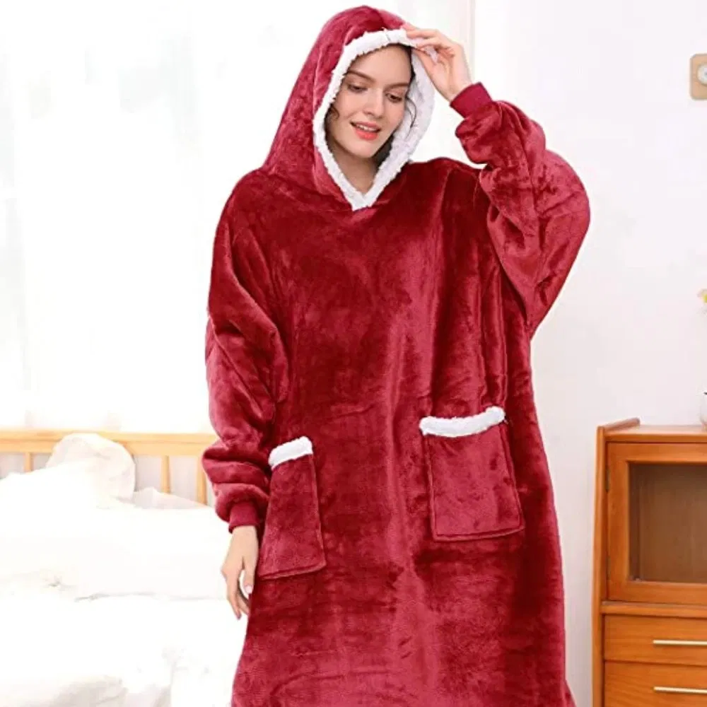 Hanorac Patura cu maneci, buzunare si gluga, Super Pufoasa, Captusita, 390g/mp, Rosie [2]