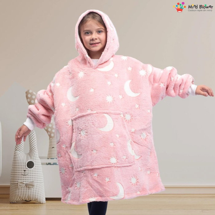 Hanorac patura cu maneci fete Luna Fosforescenta Roz cu buzunar cangur Flanel & Polar 440g/mp 105 cm [15]