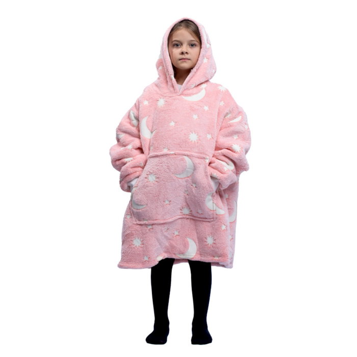 Hanorac patura cu maneci fete Luna Fosforescenta Roz cu buzunar cangur Flanel & Polar 440g/mp 105 cm [17]