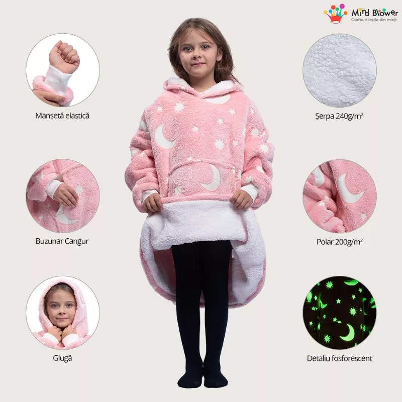 Hanorac patura cu maneci fete Luna Fosforescenta Roz cu buzunar cangur Flanel & Polar 440g/mp 105 cm [3]