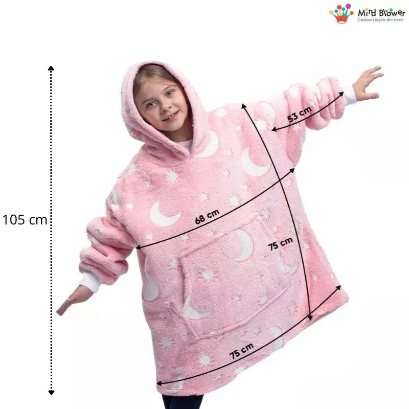 Hanorac patura cu maneci fete Luna Fosforescenta Roz cu buzunar cangur Flanel & Polar 440g/mp 105 cm [4]
