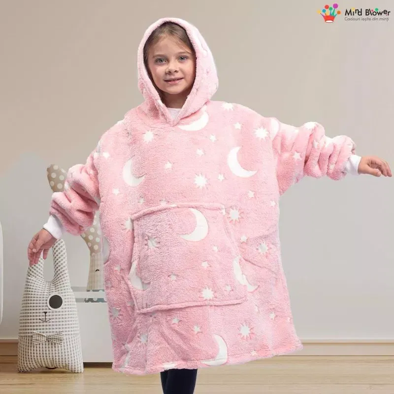 Hanorac patura cu maneci fete Luna Fosforescenta Roz cu buzunar cangur Flanel & Polar 440g/mp 105 cm [15]