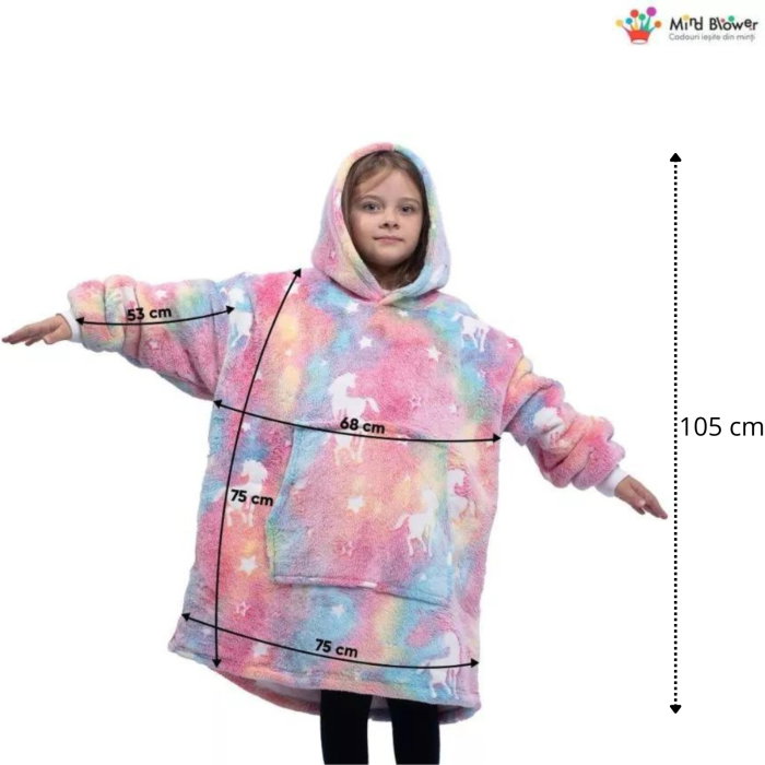 Hanorac patura cu maneci fete Unicorn Fosforescent cu buzunar cangur Flanel & Polar 440g/mp 105 cm [4]