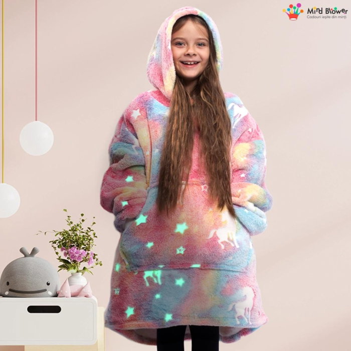 Hanorac patura cu maneci fete Unicorn Fosforescent cu buzunar cangur Flanel & Polar 440g/mp 105 cm [1]